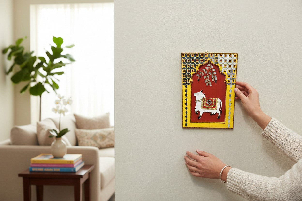 Handmade Wall Hanging, 11 x 8 Inch, Wall Decoration Items for Living Room, Wall Hanging Decor, Handmade Wall Hangings for Home Decoration, Wall Decor, Office (Pichwai Cow)