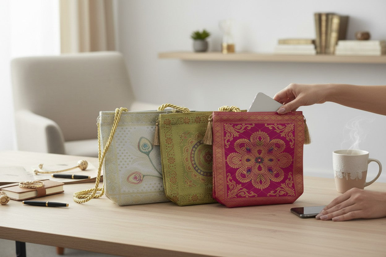 Banarasi Silk Bags with Zipper & Handle (Assorted)