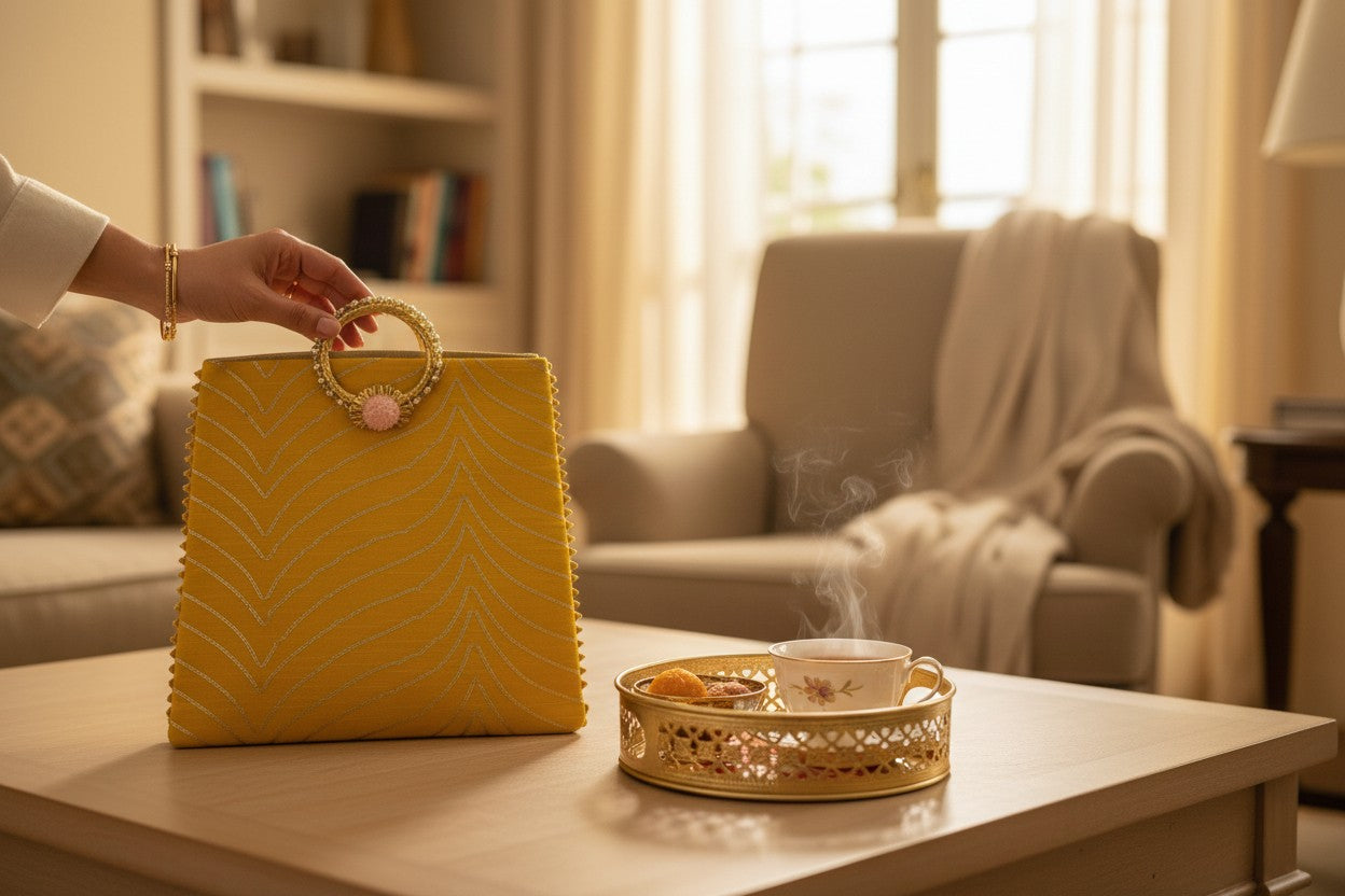 Combo - Designer Floral Print Tray with Gota Bag