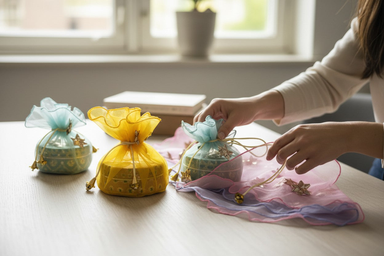 Three small gift bags on a table with a person's hands interacting with one of them.