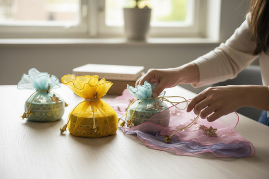 Three small gift bags on a table with a person's hands interacting with one of them.