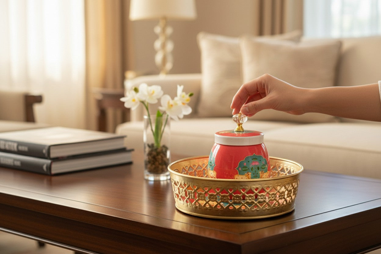 Designer Floral Print Tray Set with Matching Jar