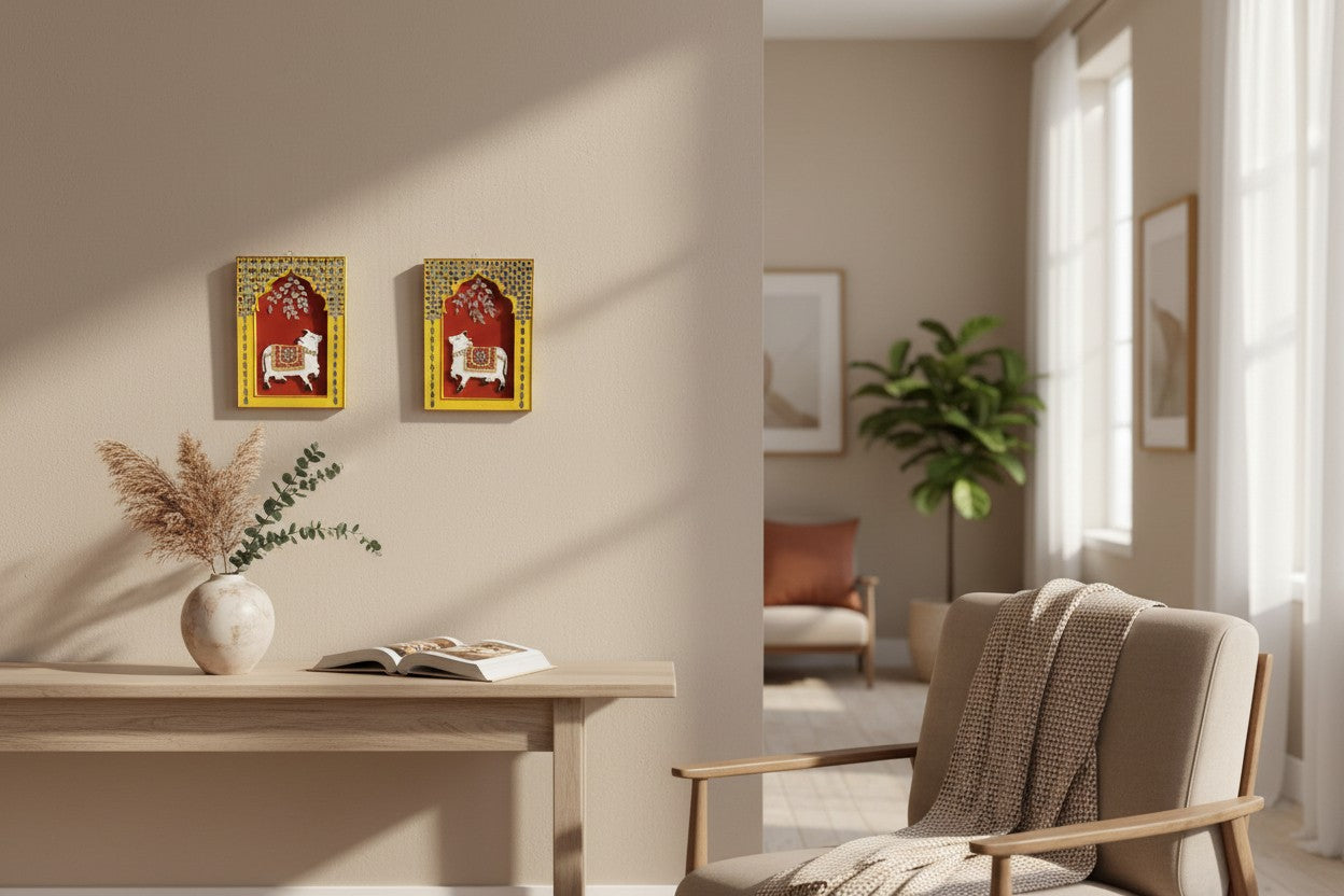 Handmade Wall Hanging, 11 x 8 Inch, Wall Decoration Items for Living Room, Wall Hanging Decor, Handmade Wall Hangings for Home Decoration, Wall Decor, Office (Pichwai Cow)