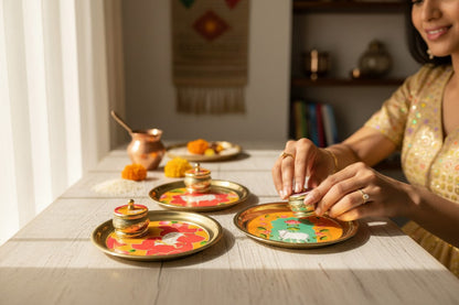 Metal Golden Pichawai Design Plate & Dibbi with Enamel Finish (Assorted)