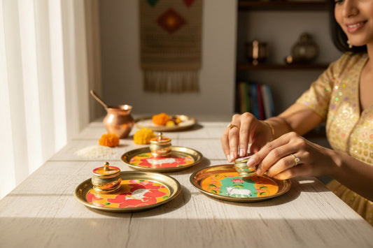 Metal Golden Pichawai Design Plate & Dibbi with Enamel Finish (Assorted)