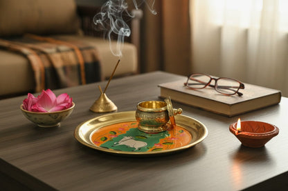 Metal Golden Pichawai Design Plate & Dibbi with Enamel Finish (Assorted)