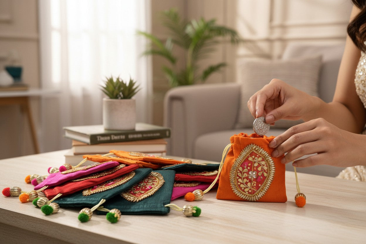 Small Gota Potlis with Gota Ball String to Pack Gifts in Style - 5x7