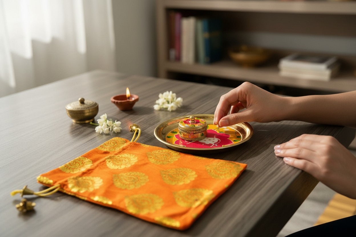 Metal Golden Pichawai Design Plate & Dibbi with Enamel Finish (Assorted)