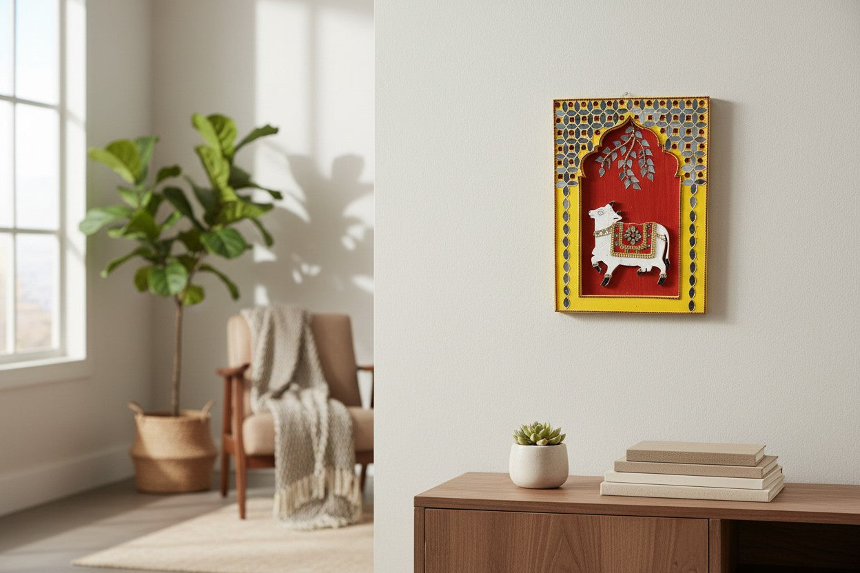 Handmade Wall Hanging, 11 x 8 Inch, Wall Decoration Items for Living Room, Wall Hanging Decor, Handmade Wall Hangings for Home Decoration, Wall Decor, Office (Pichwai Cow)