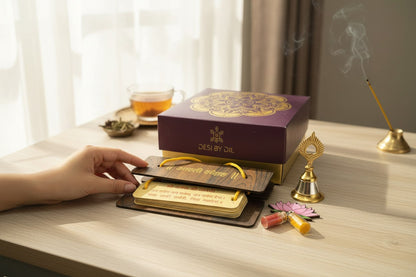 Devotional Combo - Arati Sangrah, Bell & Lotus Haldi Kumkum Packet in Gift Box