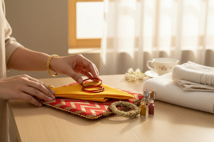 Traditional Ready to Give Combo for Half Saree, Haldi Kumkum ceremony includes Blouse Piece, Bangles, Haldi kumkum packets in Chevron Bag