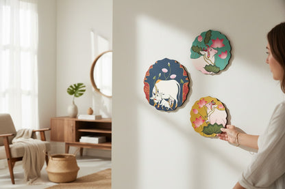 Set of 3 - Round Shape Wooden Wall Hanging Decor | Handcrafted Art | Mdf| Paintings | Sinary | Gifts | Sceneries For Wall | Unique Gift