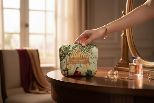 Designer Clutch with Women in Traditional Attire Sitting in a Domed Pavilion