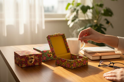 Lotus Print Gift Boxes - Set of 3 - Perfect To Pack Small Gifts Like Diya, Jewelry, Prasad