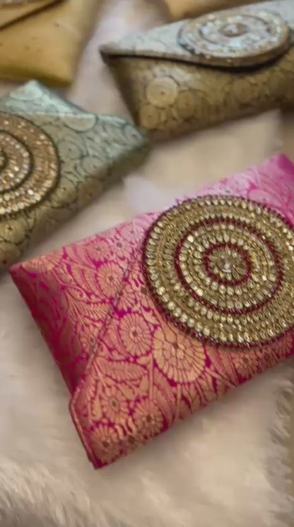 Rich Brocade Zari Clutch with Circular Motif With Stone