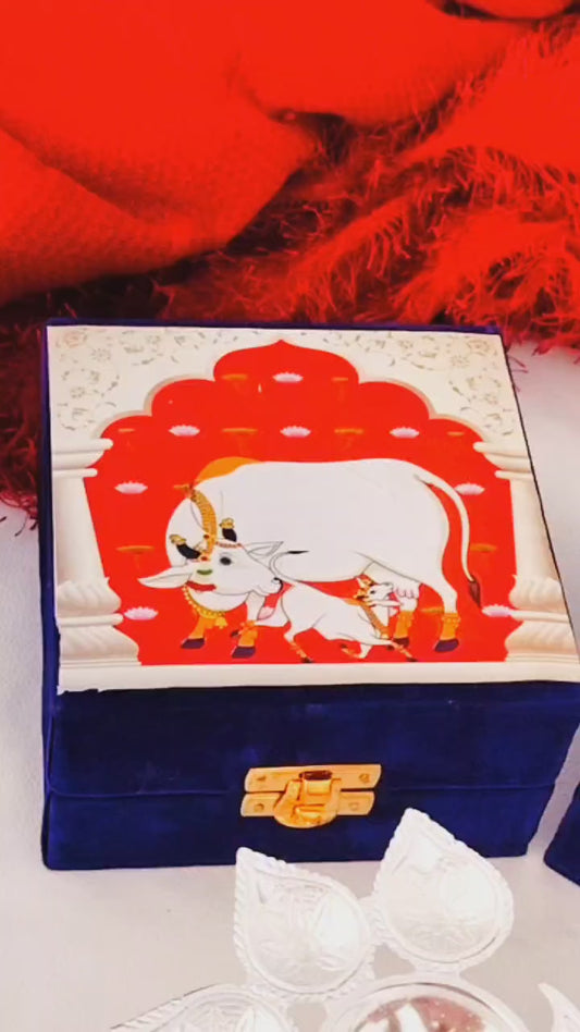 German Silver Panch Aarati Diya for Puja In Velvet Box