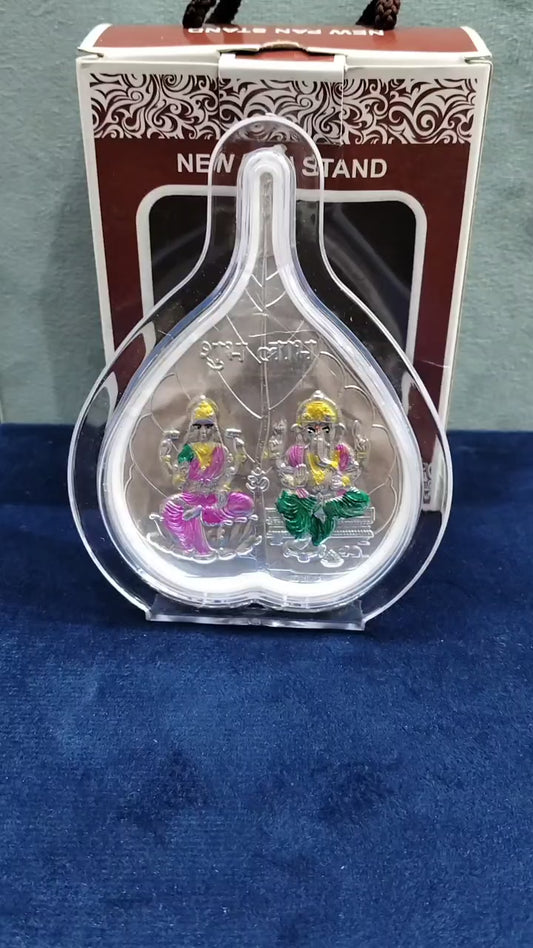 999 Pure Silver Foil Betel Leaf or Paan Frame with Colored Laxmi Ganesha Design