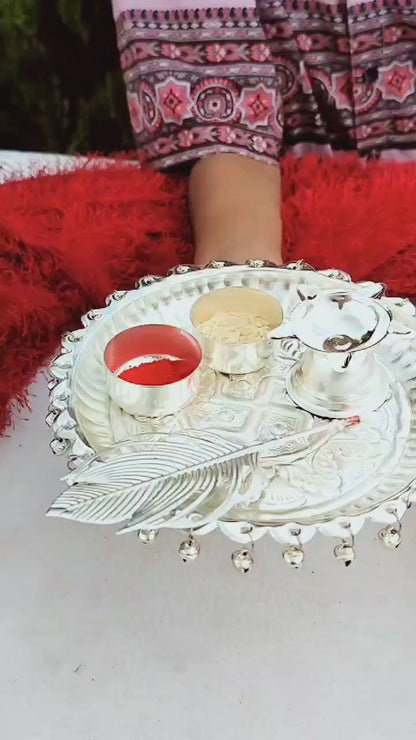 German Silver Ghungaru Aarti Thali Set with Tika Stick - Housewarming Gift/Hostess Gift