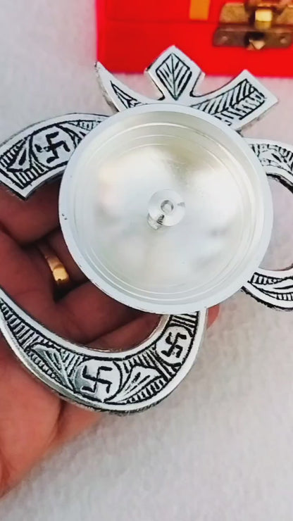 German Silver Combo of Om Diya with Bell In Velvet Box