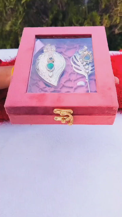 German Silver Combo of Koyari Haldi Kumkum Dani with Peacock Feather Stick In Velvet Box