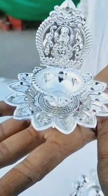 German Silver Laxmi on Lotus Diya with Stand