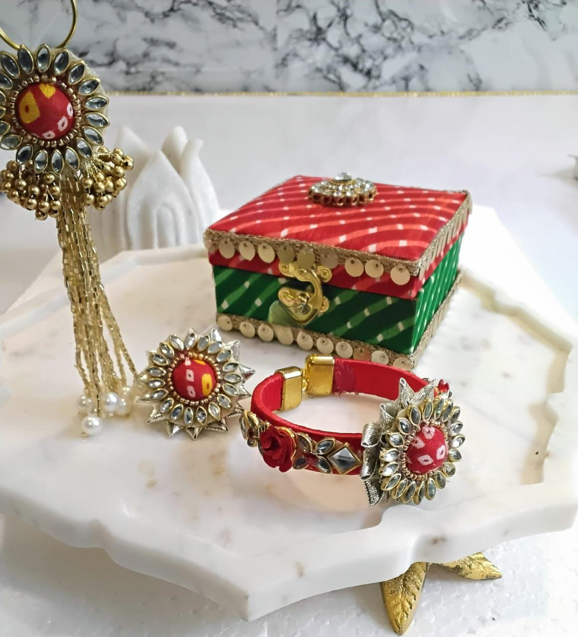 Bangle with Rose Booties, Satka & Ring - Red Green Gift Box