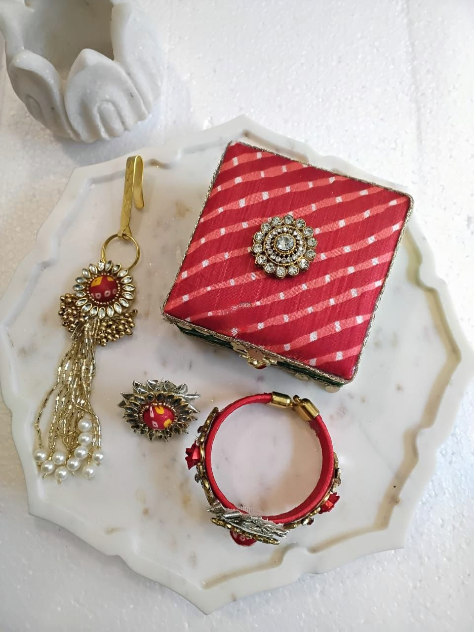 Bangle with Rose Booties, Satka & Ring - Red Gift Box