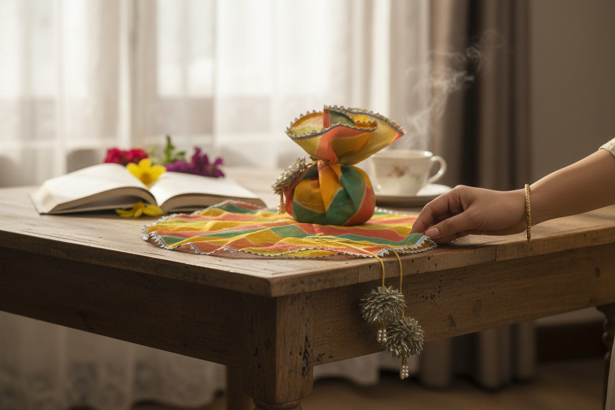 Colorful fabric flower on a wooden table with a blurred background