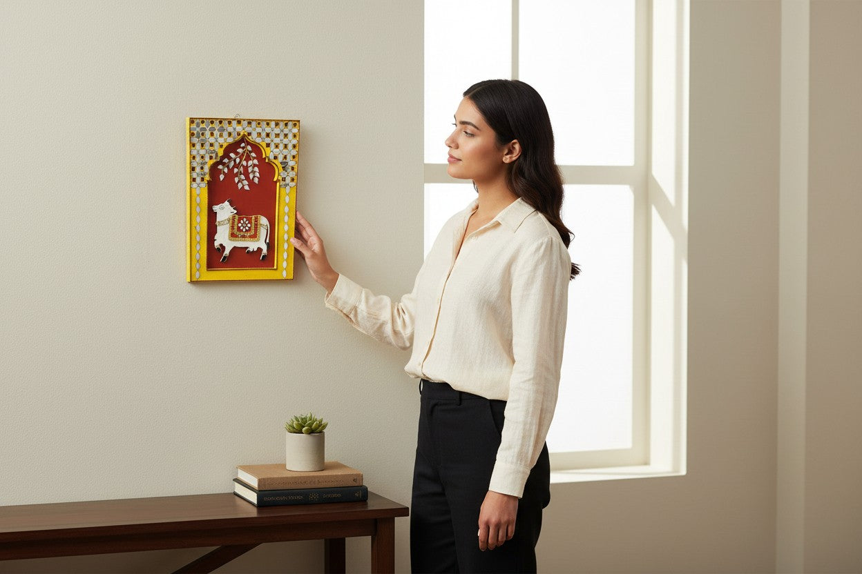 Handmade Wall Hanging, 11 x 8 Inch, Wall Decoration Items for Living Room, Wall Hanging Decor, Handmade Wall Hangings for Home Decoration, Wall Decor, Office (Pichwai Cow)