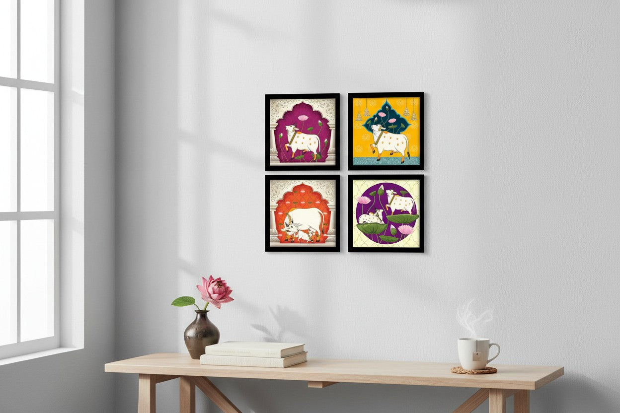 Set of 4 Art Framed Painting For Home, Living Room, Hall | Traditional Rajasthani Pichwai Art Paintings With Frame For Home Decor