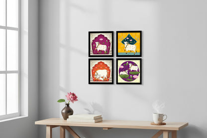 Set of 4 Art Framed Painting For Home, Living Room, Hall | Traditional Rajasthani Pichwai Art Paintings With Frame For Home Decor