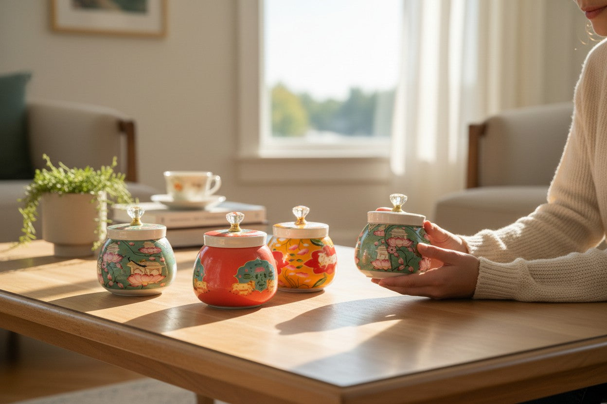 Designer Floral Print Tray Set with Matching Jar