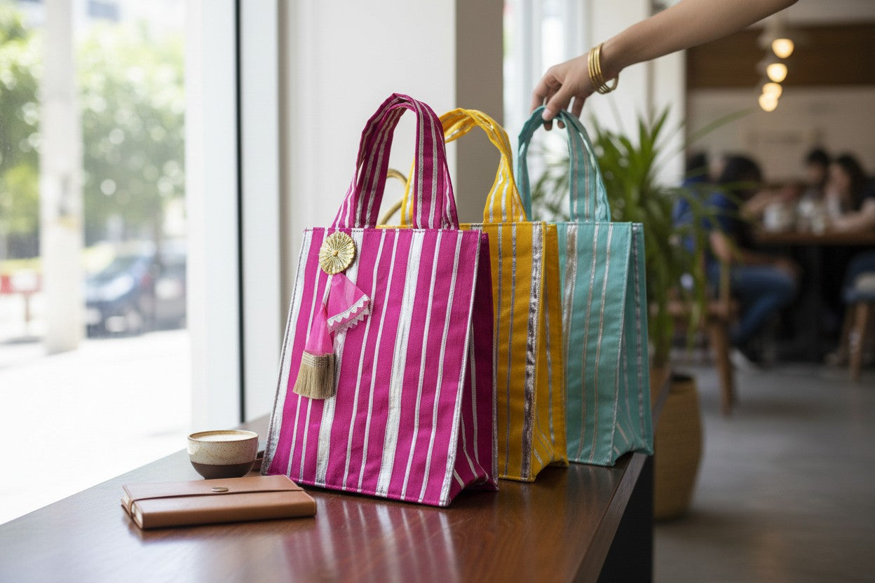 Striped Gota Silk Bags with Handle