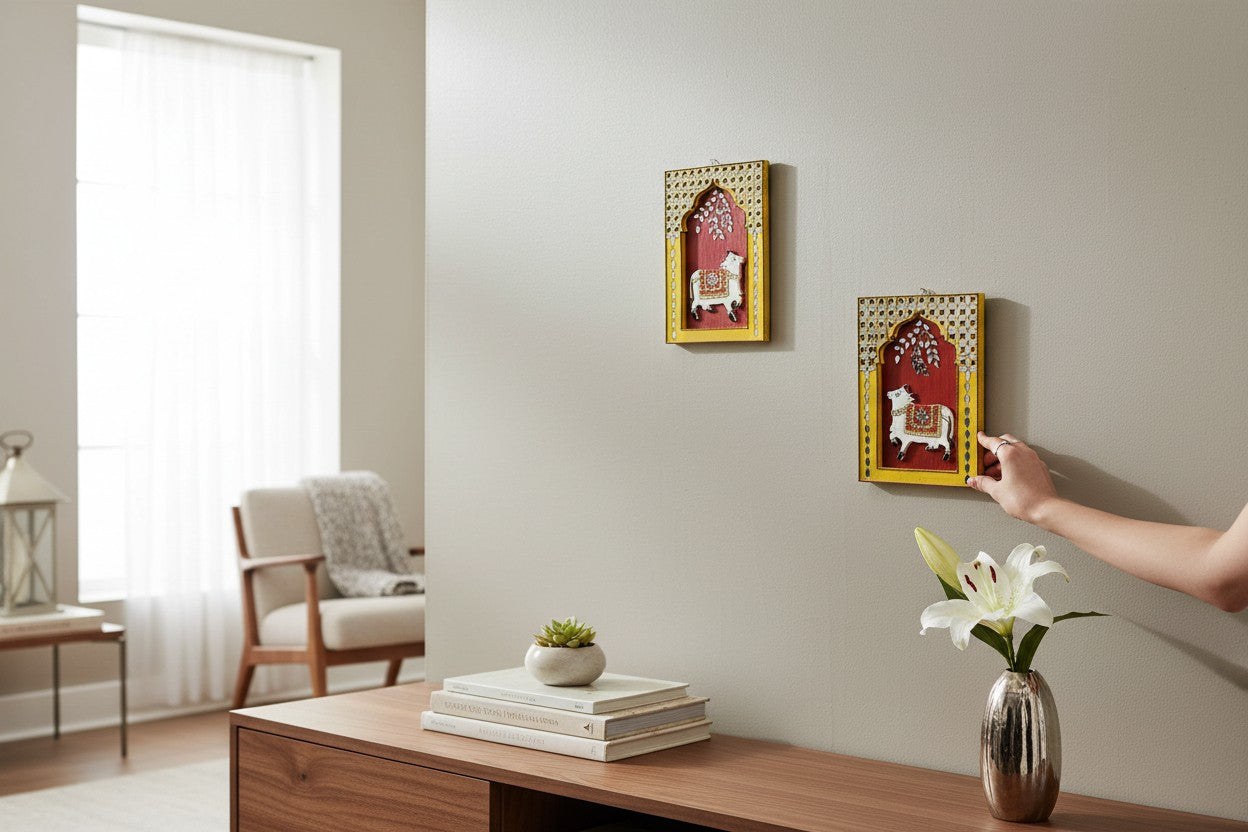 Handmade Wall Hanging, 11 x 8 Inch, Wall Decoration Items for Living Room, Wall Hanging Decor, Handmade Wall Hangings for Home Decoration, Wall Decor, Office (Pichwai Cow)